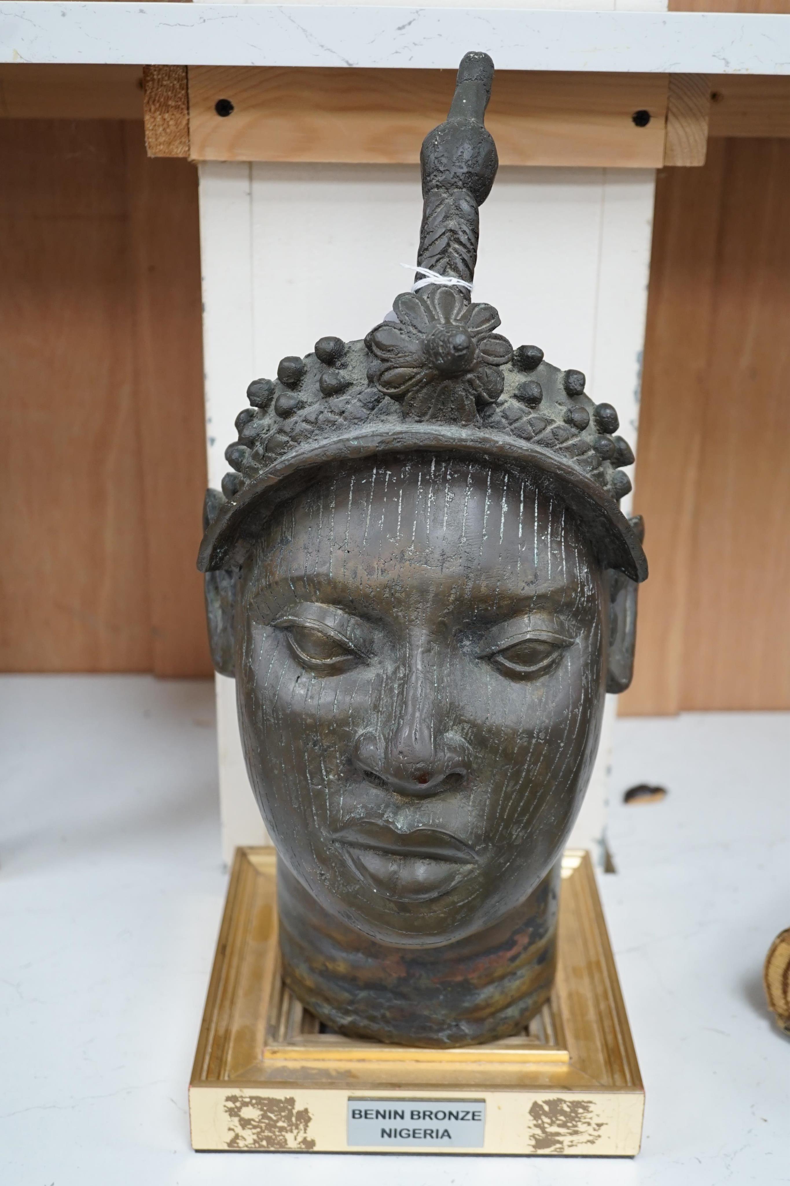 A Benin style bronze head, 42cm high (not including stand). Condition - fair to good